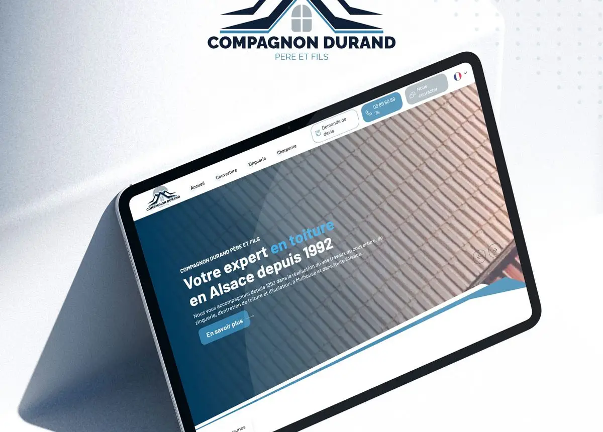 Site internet Compagnon Durand – Présentation des services en couverture, zinguerie et charpente, avec mise en avant des réalisations récentes.