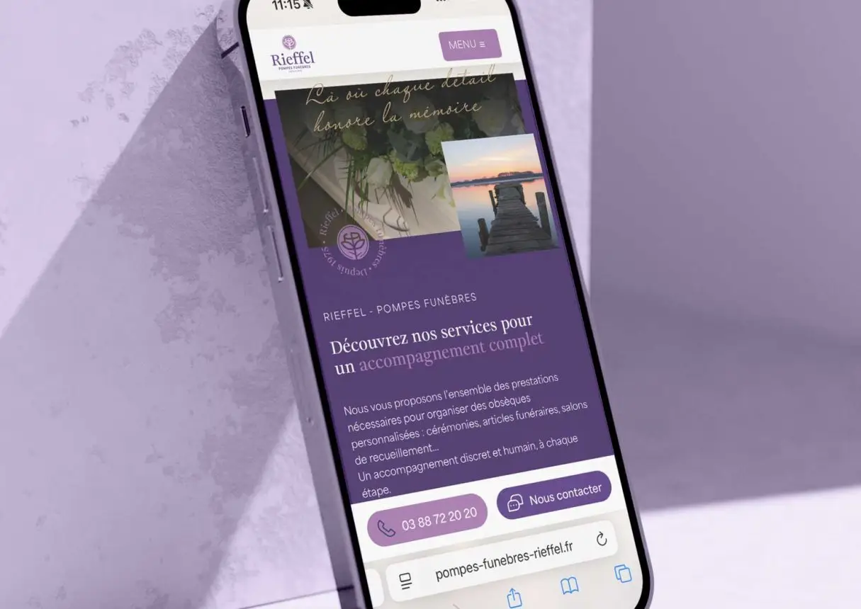 Page d’accueil du nouveau site des Pompes Funèbres Rieffel conçu par Be4