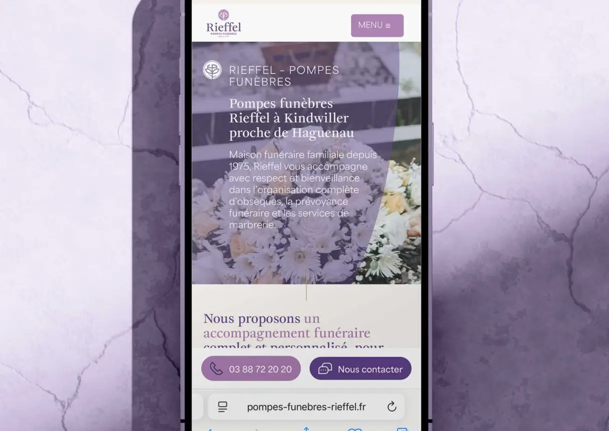 Page d’accueil du nouveau site des Pompes Funèbres Rieffel à Kindwiller proche de Haguenau conçu par Be4