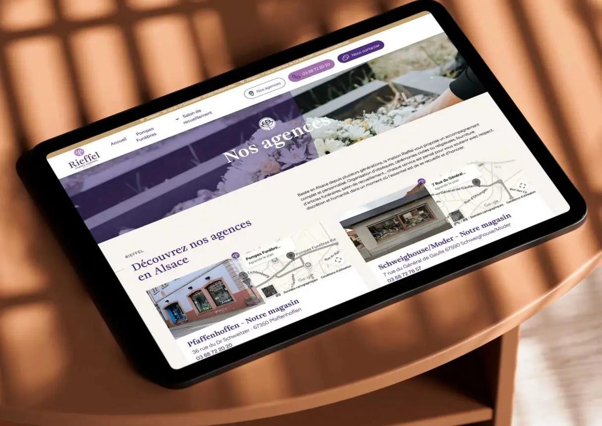 Vue du site internet sobre et élégant des Pompes Funèbres Rieffel