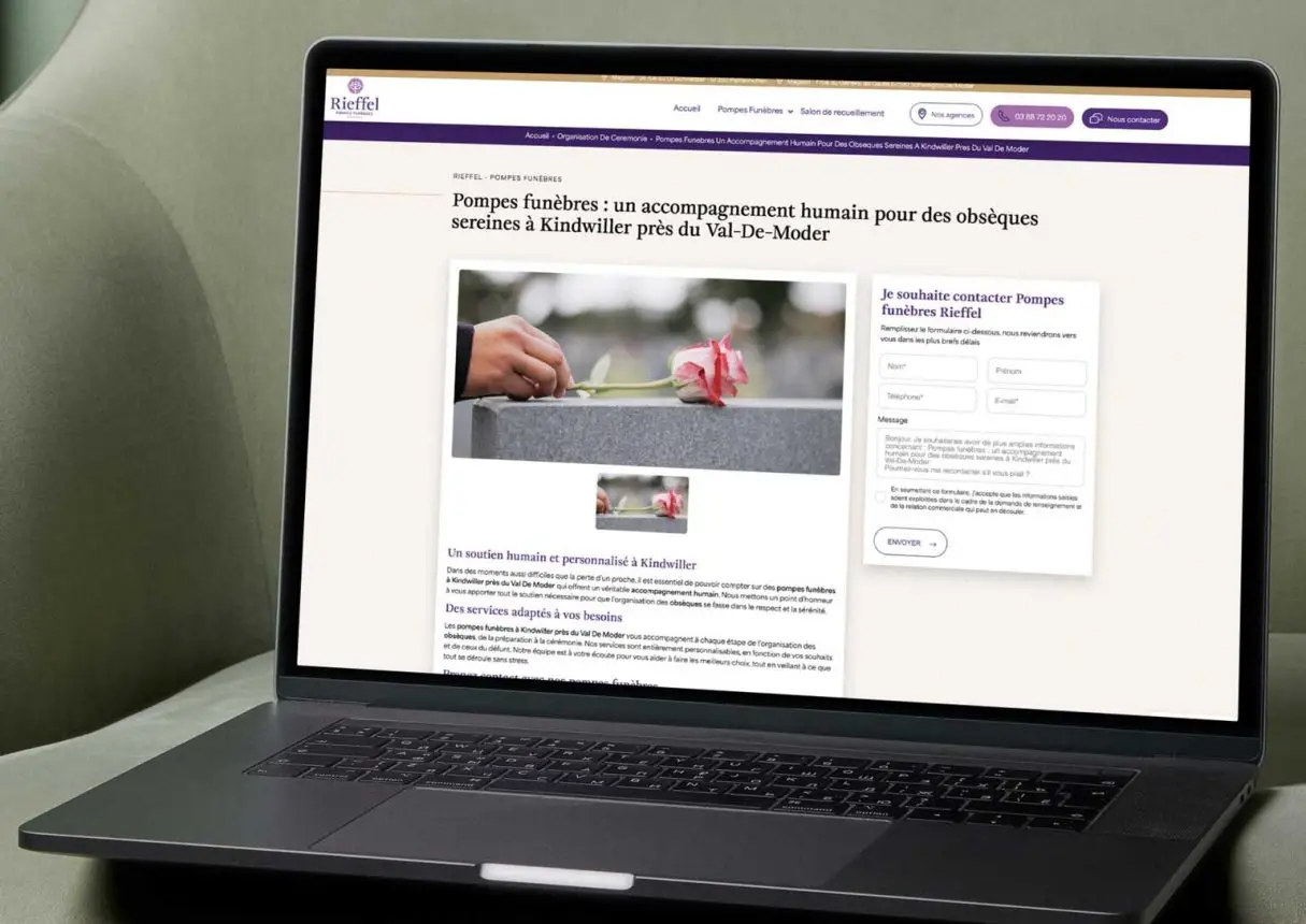 Présentation en ligne des services funéraires Rieffel, site web repensé par Be4